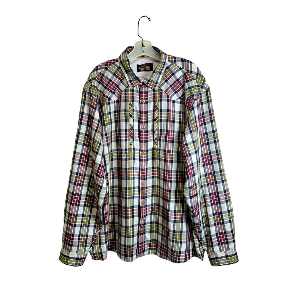 Orvis Trout Bum Plaid Fishing Shirt Mens‎ Size L Blue Green Outdoors Zip Pockets